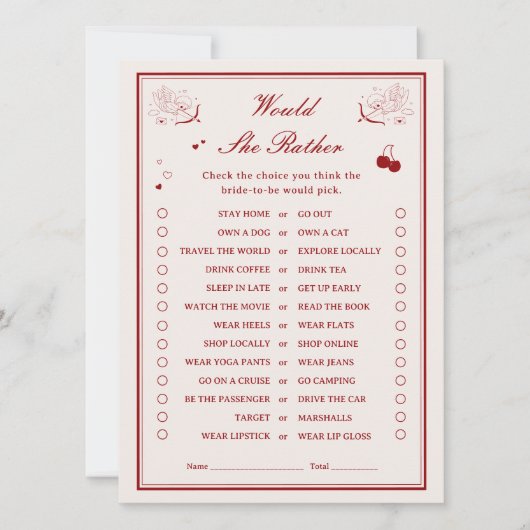 Valentine Bridal Shower Would She Rather Game Card 招待状 (正面)