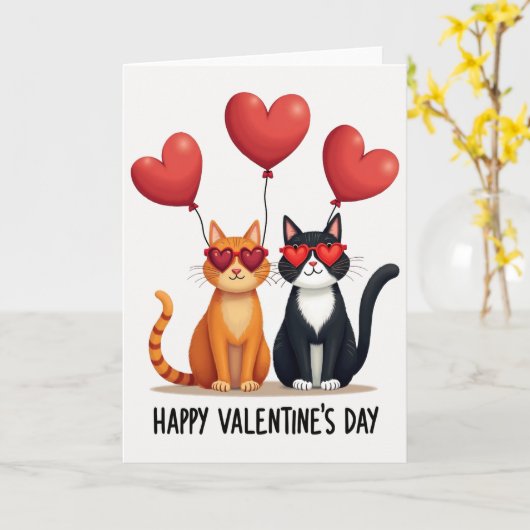 Valentine Cats Heart Glasses Card カード (黄色い花)