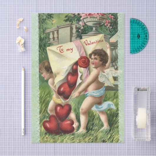 Valentine Cherubs with Envelope of Red Hearts 薄葉紙 (クラフト)