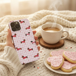 Valentine Dachshund Cute Pink Gingham Heart Dog iPhone 13 Pro Maxケース