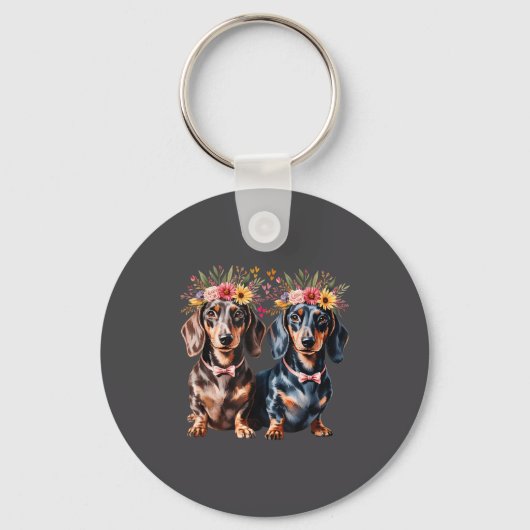 Valentine Dachshund Matching Couple Love Floral Do キーホルダー (正面)