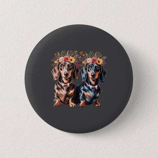 Valentine Dachshund Matching Couple Love Floral Do 缶バッジ (正面)
