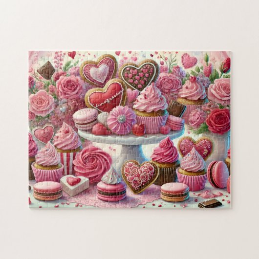 Valentine Dessert Heart Cookies & Cupcakes Table ジグソーパズル (横)