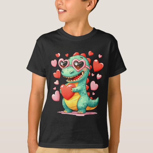 Valentine Dinosaur Trex Holding Heart Girl Sunl Bo Tシャツ (正面)