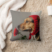 Valentine dog holding rose portrait, cute dog クッション (ブランケット)