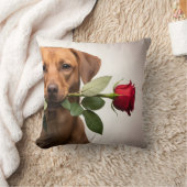 valentine dog holding rose portrait, cute dog クッション (ブランケット)
