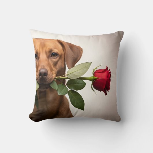 valentine dog holding rose portrait, cute dog クッション (正面)