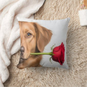valentine dog holding rose portrait, cute dog クッション (ブランケット)