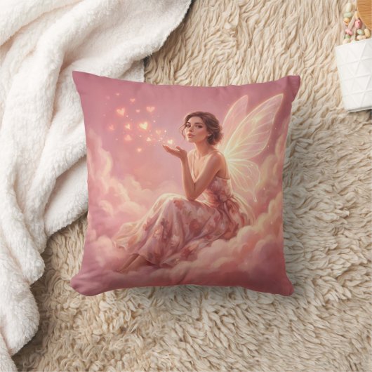 Valentine Fairy on Pink Clouds Fantasy Art クッション (ブランケット)