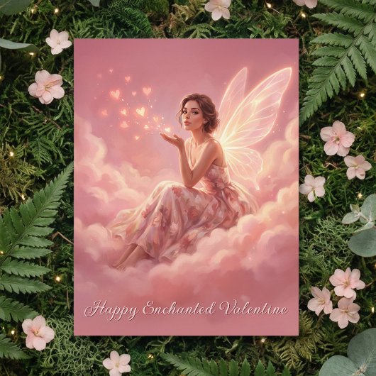 Valentine Fairy on Pink Clouds Fantasy Art シーズンポストカード