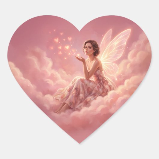 Valentine Fairy on Pink Clouds Fantasy Art ハートシール (正面)