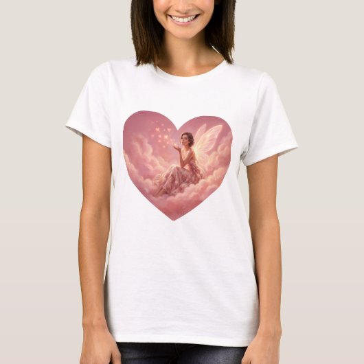 Valentine Fairy on Pink Clouds Fantasy Art Tシャツ (正面)