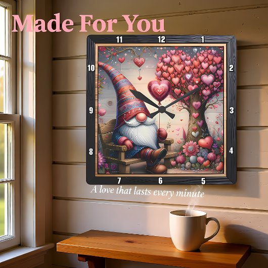 Valentine Garden Gnome Heart Tree スクエア壁時計