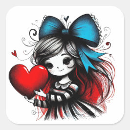 Valentine Girl Art 3 Inch Sticker – Kawaii Love スクエアシール