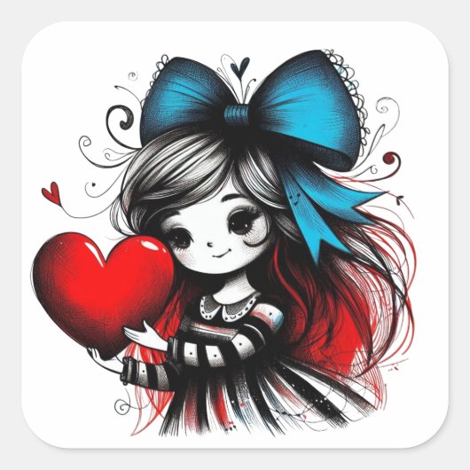 Valentine Girl Art 3 Inch Sticker – Kawaii Love スクエアシール (正面)