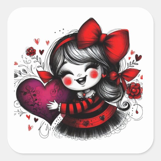 Valentine Girl Art 3 Inch Sticker – Kawaii Love スクエアシール (正面)
