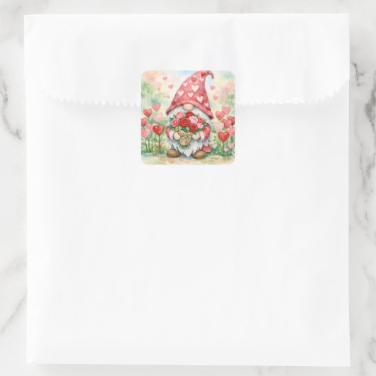 Valentine Gnome with Red Roses スクエアシール (バッグ)