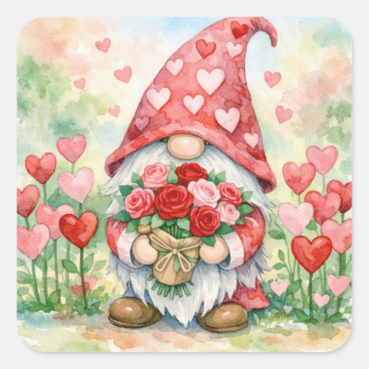 Valentine Gnome with Red Roses スクエアシール (正面)