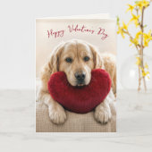 Valentine Golden Retriever with Heart Pillow カード (黄色い花)