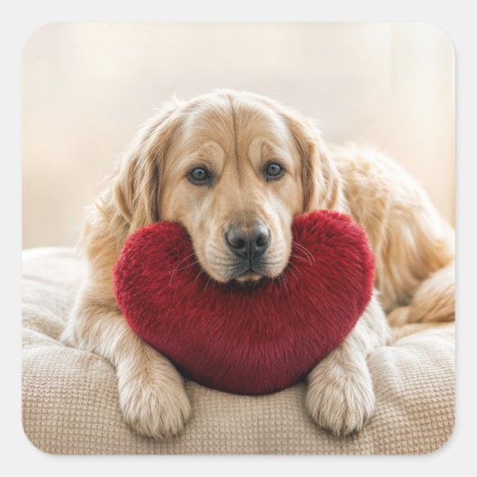 Valentine Golden Retriever with Heart Pillow スクエアシール (正面)