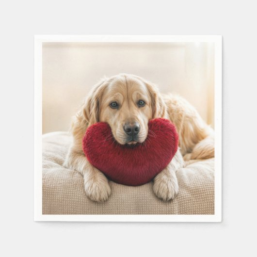 Valentine Golden Retriever with Heart Pillow スタンダードカクテルナプキン (正面)