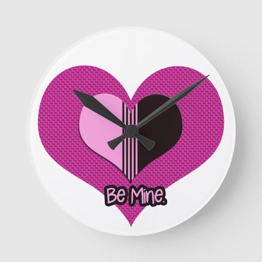 Valentine Heart Pink and Black Be Mine ラウンド壁時計 (正面)