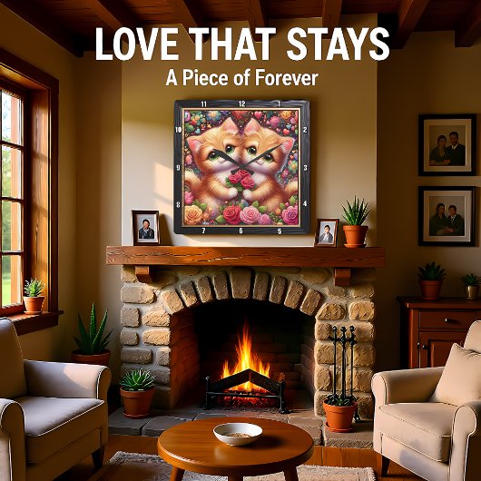 Valentine Kitten Couple Rose Wall スクエア壁時計