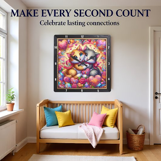 Valentine Kitten Hug Heart Wall スクエア壁時計