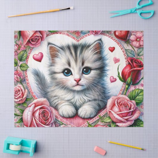 Valentine Kitten With Roses Tissue Paper 薄葉紙 (クラフト)