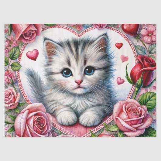 Valentine Kitten With Roses Tissue Paper 薄葉紙 (正面)