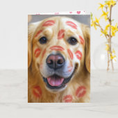 Valentine Lipstick Kisses On a Golden Retriever カード (黄色い花)