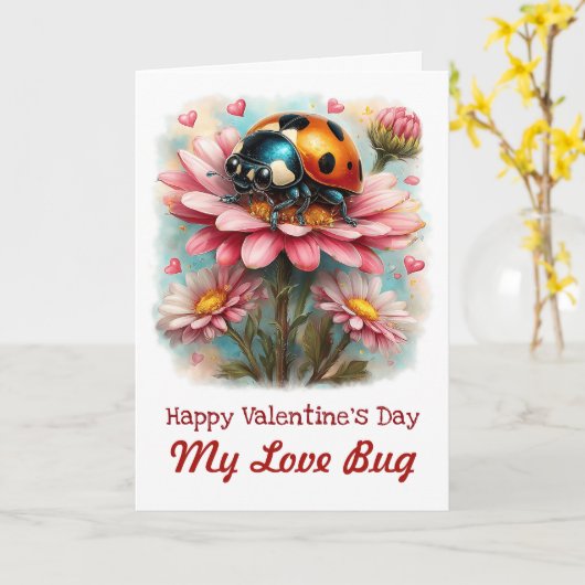  Valentine Love Bug on Blossoms Rose カード (黄色い花)