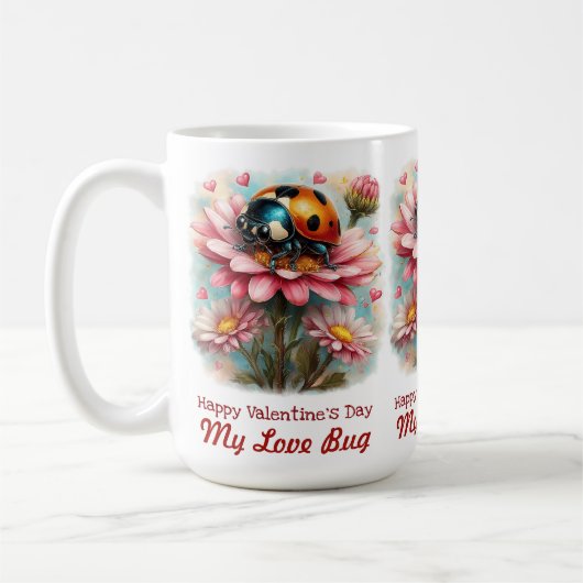  Valentine Love Bug on Blossoms Rose コーヒーマグカップ (左)