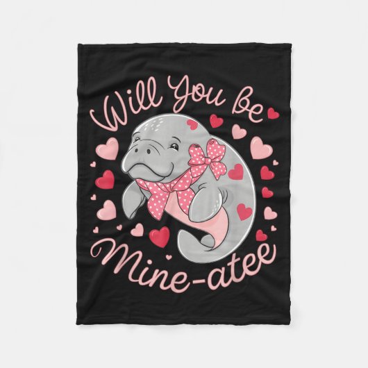 Valentine Manatee Cute Animal Hearts Will You Be M フリースブランケット (正面)