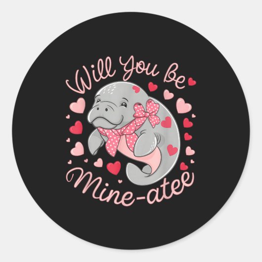 Valentine Manatee Cute Animal Hearts Will You Be M ラウンドシール (正面)