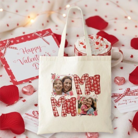 Valentine Mom and Child Photo Red Plaid Hearts トートバッグ