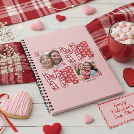 Valentine Mom and Child Pink Red Plaid Hearts ノートブック
