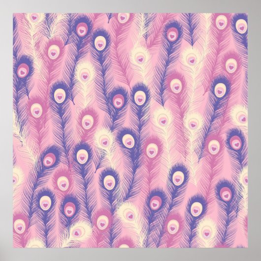 Valentine Peacock Feather Seamless Pattern in Pink ポスター (正面)