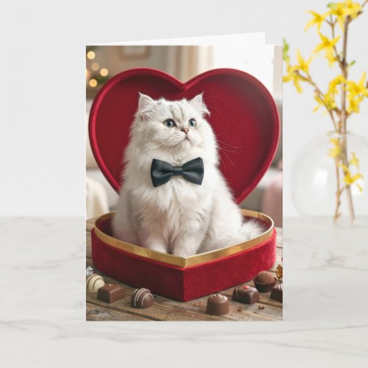 Valentine Persian Cat In Candy Box カード (黄色い花)