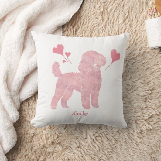 Valentine Pink Poodle Pillow with Custom Name クッション (ブランケット)