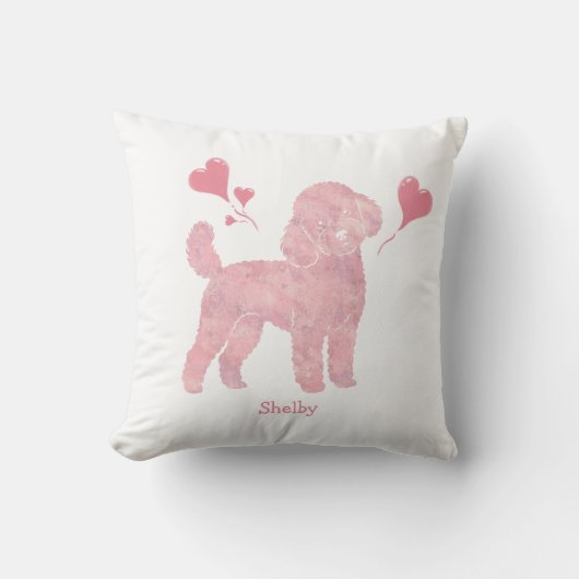 Valentine Pink Poodle Pillow with Custom Name クッション (正面)