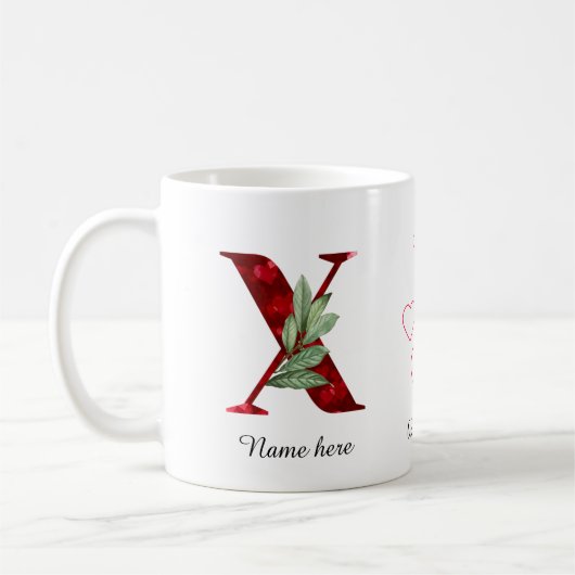 Valentine Red Heart Floral Letter X Initial Mug コーヒーマグカップ (左)