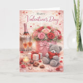 Valentine’s Day Card – Romantic Teddy Bear & Roses カード (正面)