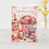 Valentine’s Day Card – Romantic Teddy Bear & Roses カード (黄色い花)