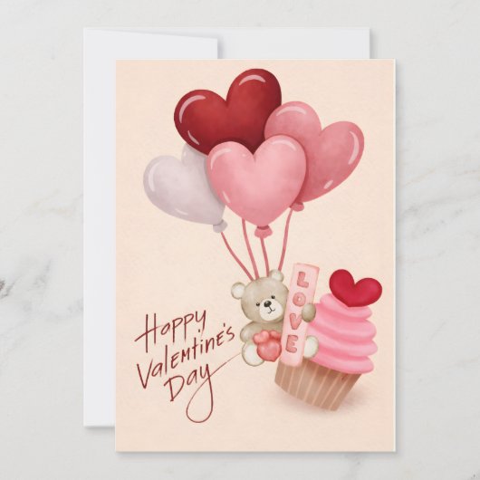 Valentine’s Day Card with Heart Balloons & Cupcake (正面)