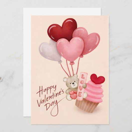 Valentine’s Day Card with Heart Balloons & Cupcake (正面/裏面)