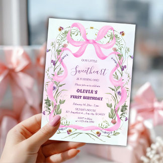 Valentine’s Day Floral Pink Bow First Birthday 招待状