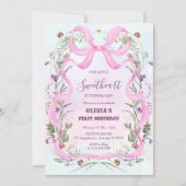 Valentine’s Day Floral Pink Bow First Birthday 招待状 (正面)