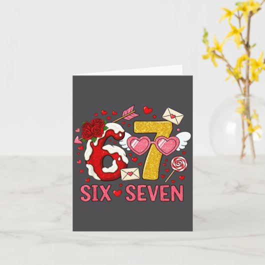 Valentine’s Day Funny 67 Meme Six Seven 6 7 Hearts カード (黄色い花)
