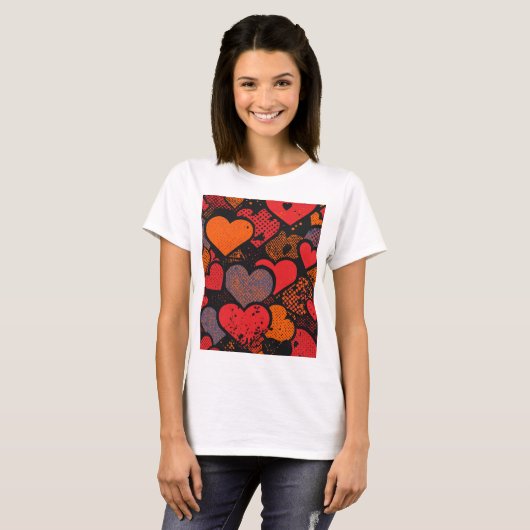 Valentine’s Day Heart Pattern – Retro Pop Art Tシャツ (正面フル)